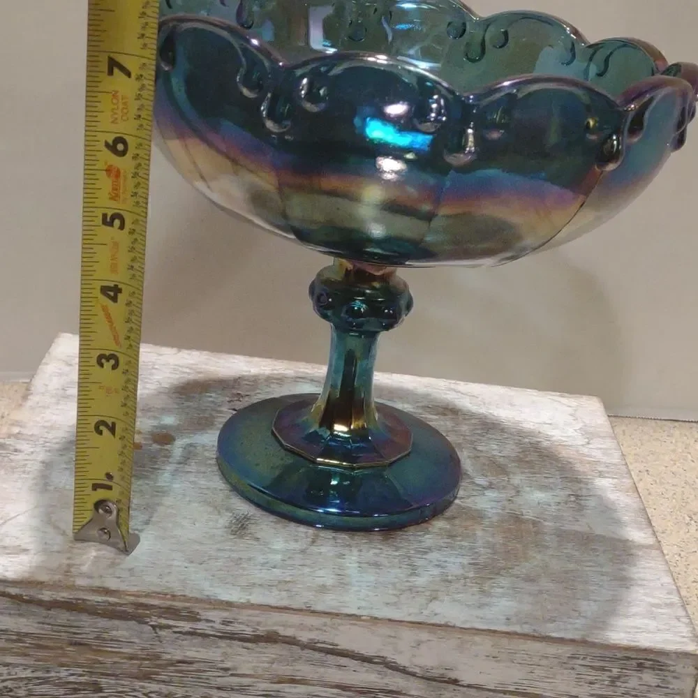Vintage Indiana Glass Blue Carnival Glass Teardrop Garland Compote Dish
